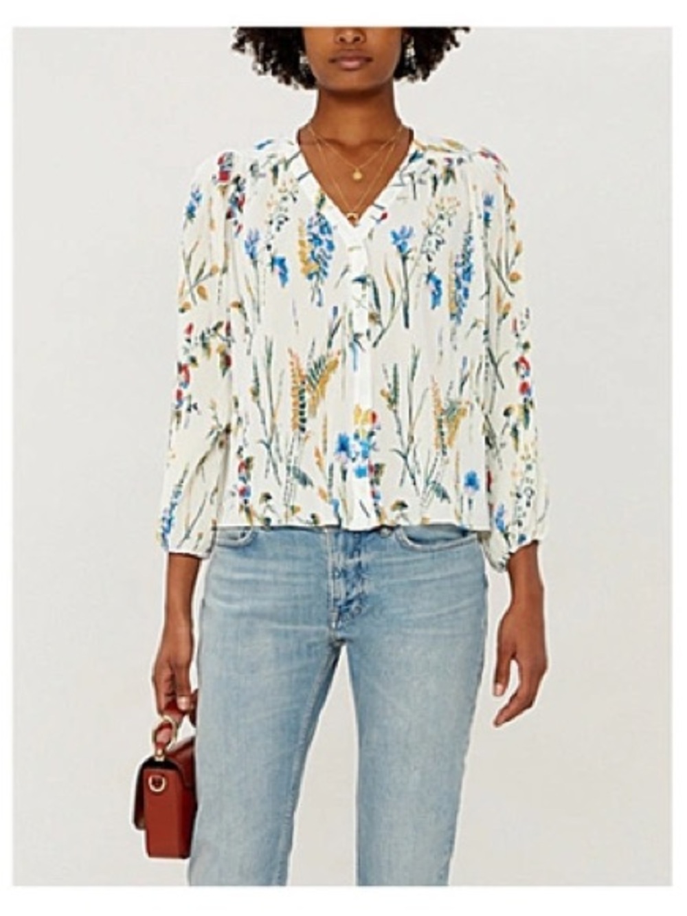 Maje Cream Floral Pleated V-Neck Blouse with Blue, Pink & Yellow Accents